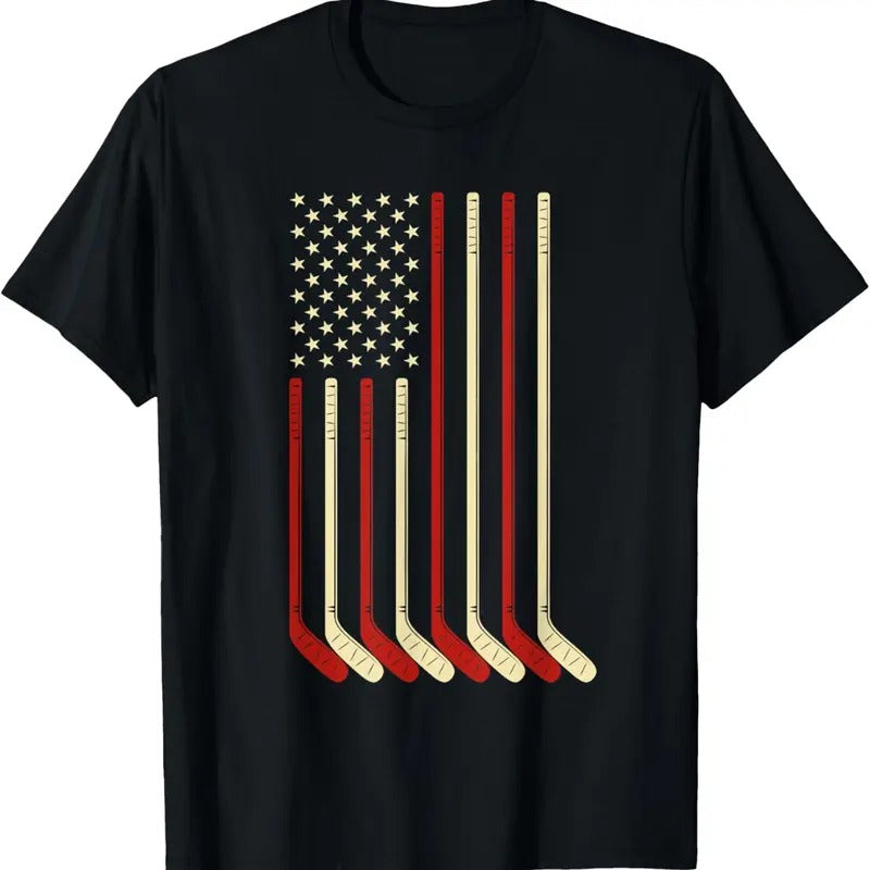 100% Cotton Hockey Goalie Gift USA Flag Hockey Stick Ice Hockey T-Shirt
