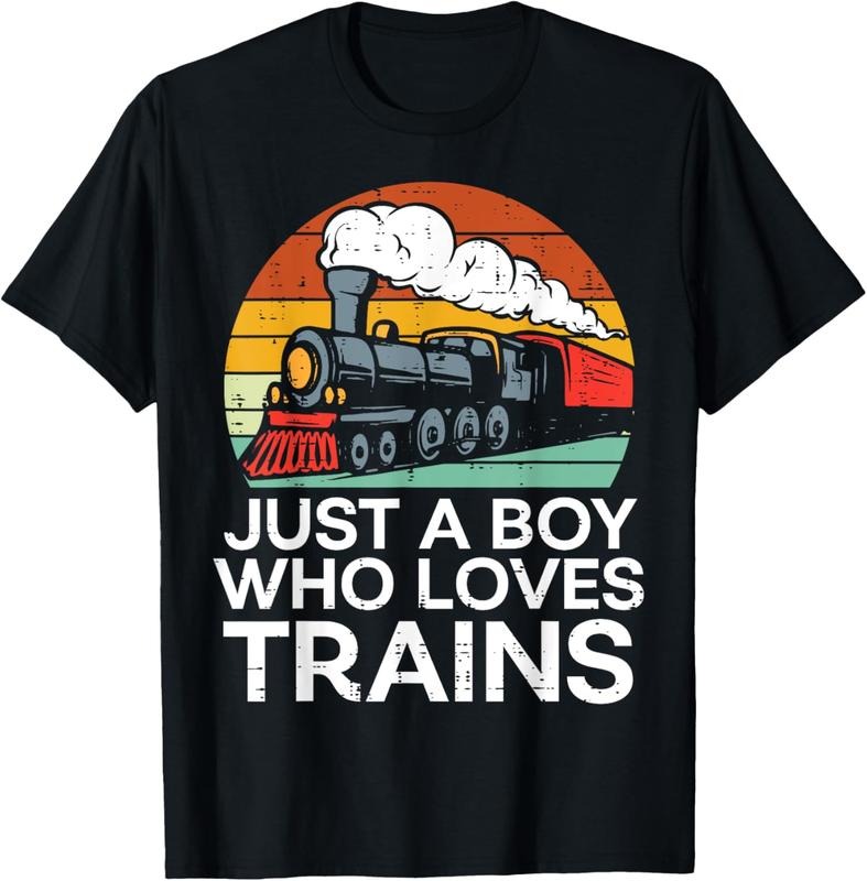 100% Cotton Just A Boy Who Loves Trains Retro Locomotive Men  Youth T-Shirt