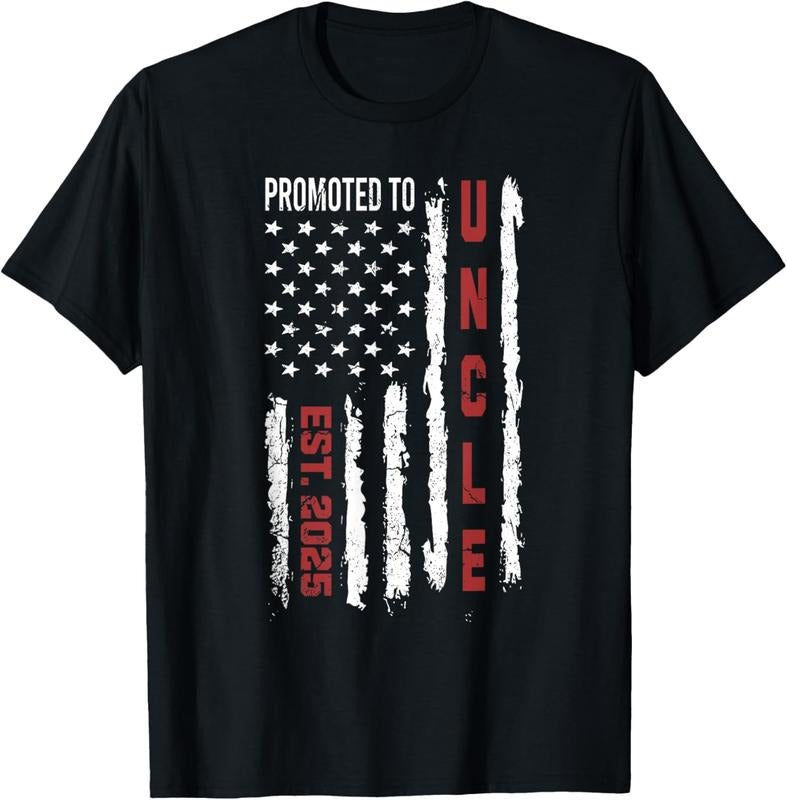 100% Cotton Promoted To Uncle 2025, First Time Uncle American Flag T-Shirt