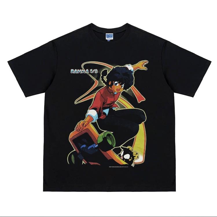 Ranma 1/2 "Skateboard" Heavyweight Vintage Tee 100% Cotton OVERSIZED Anime T-shirt Menswear Top Crew Necks Tshirt Casual Streetwear Black Crewneck Tropical Shortsleeve