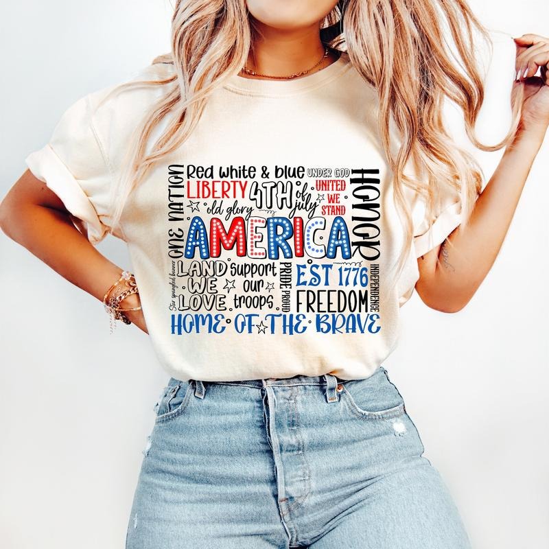 America T-Shirt, 4th of July T-Shirt, Bright Doodle, Dalmatian Dots, Independence Day T-Shirt, Mom Shirt, 1776 USA Flag T-Shirt
