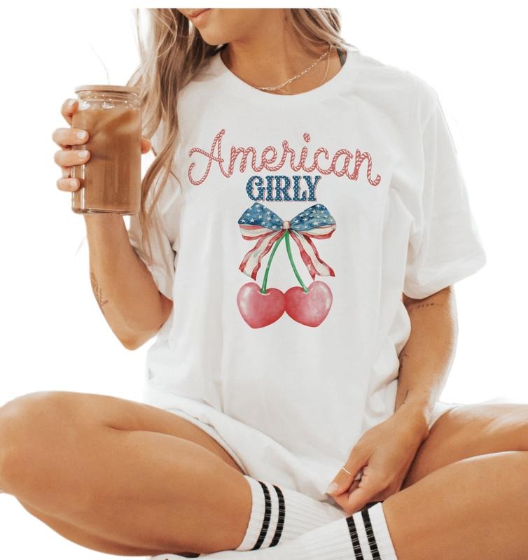 American Girly Coquette Cherry Shirt, America Shirt, Fourth Of July, American Flag, 1776 Tee, Unisex T-Shirt, Gifts For Friends Besties, Short Sleeve Tee Shirt, Gifts For 4th Of July Independence Day Fit Top