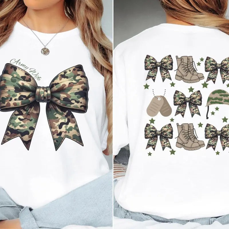 Army Wife Camo Coquette Bow 2 Sided Shirt, Army Spouse, Millitary Wife Shirt, Army Wife Bow Shirt