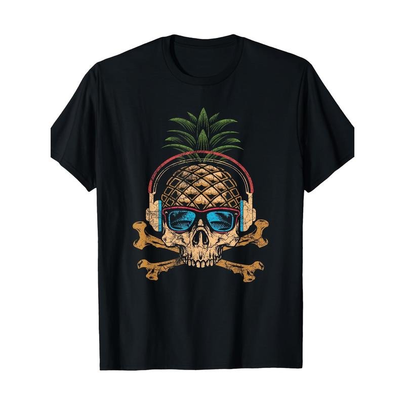 Bohemian Style Men'S T-Shirt, 100% Cotton Pineapple DJ Skull with Hawaiian Glasses Print, Round Neck, Regular Fit, 220gsm, for Adults - All Seasons made in usa