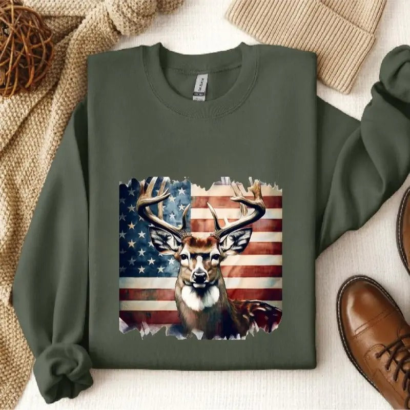 Buck With Flag Sweater, Deer Hunting USA Flag Shirt, Patriotic Deer Hunting T-Shirts, Hunting Gift