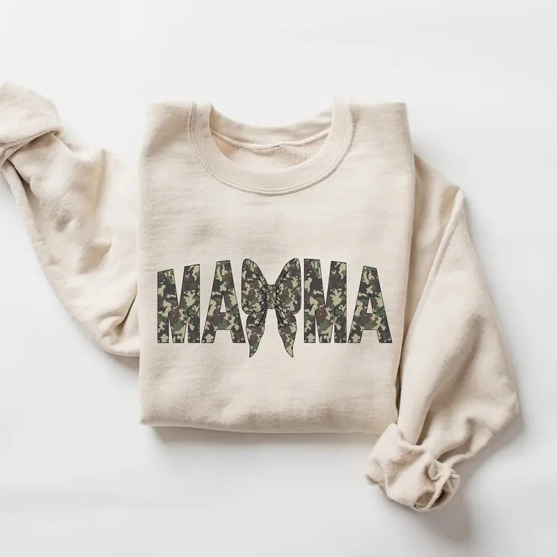 Camouflage Mama Sweatshirt, Army Mom Gift, Hunter Mom Crewneck, Mothers Day Shirt, Coquette Mama with Bow Graphic, Marine Mom Sweater
