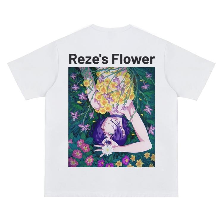 Chainsaw Man "Reze and the Flowers" Vintage Oversized Tee Anime T-shirt 100% Cotton Original Design Men's Top for Fans DTG Printing Menswear Tshirt Streetwear Tropical Shortsleeve Round Neck