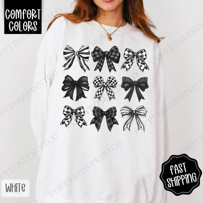 Checkered Bows Comfort Colors Sweatshirt, Coquette Black and White Bow Crewneck, Cute Women's Sweater