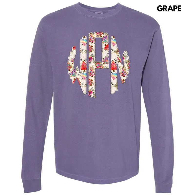 Crazy Colorful Christmas Monogram Long Sleeve Comfort Colors T-Shirt 'NLB'