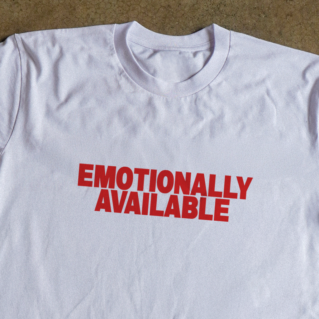 'EMOTIONALLY AVAILABLE' HEAVYWEIGHT WHITE T-SHIRT