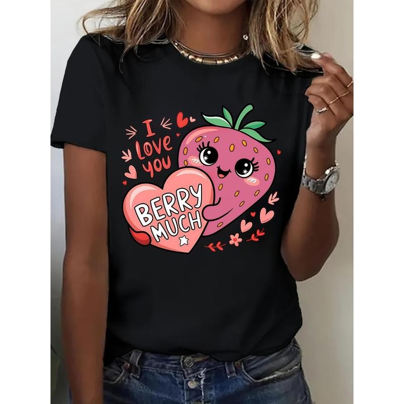 I Love You Berry Much" Women'S Tee - Soft & Breathable, Casual Crew Neck with Cute Strawberry & Hearts Design, Perfect for Spring/Summer/Fall made in usa