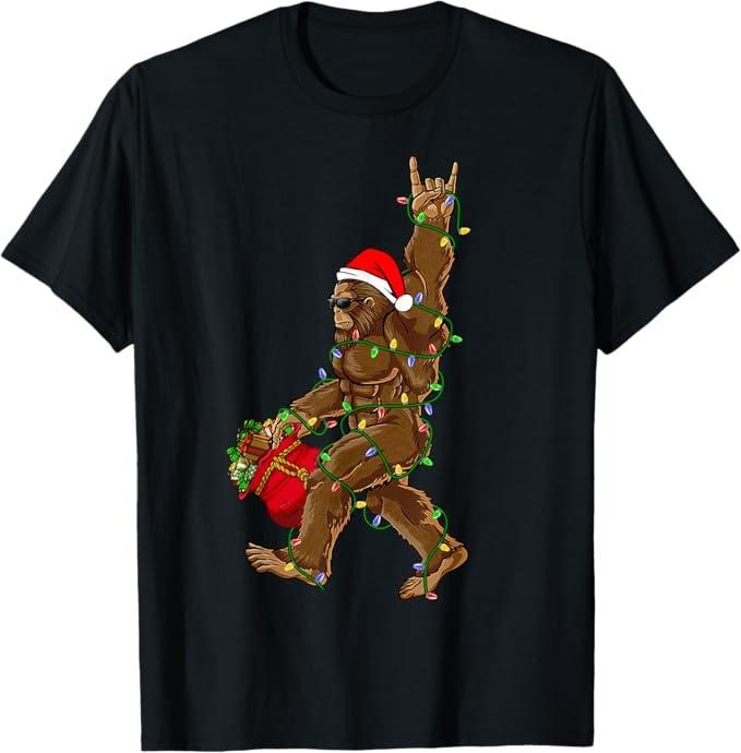 Funny Christmas Shirt, Christmas Gift, Santa Bigfoot Christmas Lights Rock Funny Sasquatch Believe T-Shirt - Menswear Top