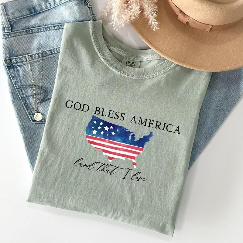 God Bless America, Land That I Love, USA Flag Tshirt, Women's Crew Neck, Crewneck