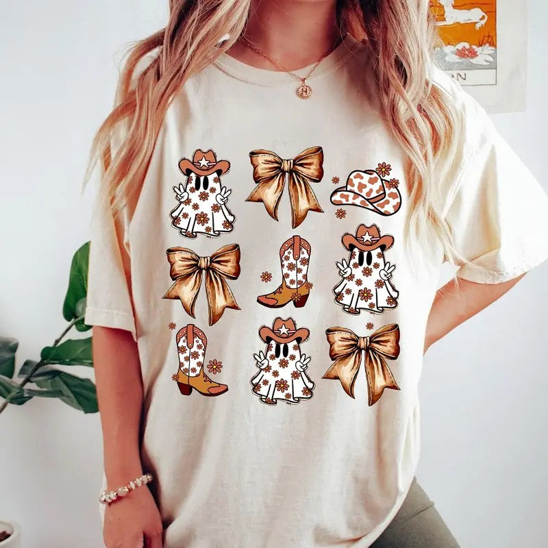 Halloween Coquette Bow Sweatshirt, Cute Halloween Cowboy Ghost Shirt, Howdy Halloween Shirt, Ghost Boo Tee, Halloween Graphic Design Printed, Graphic Printed, Full Sizes, Full Colors, Cotton Round Neck Tee, Womenswear, Lady Top