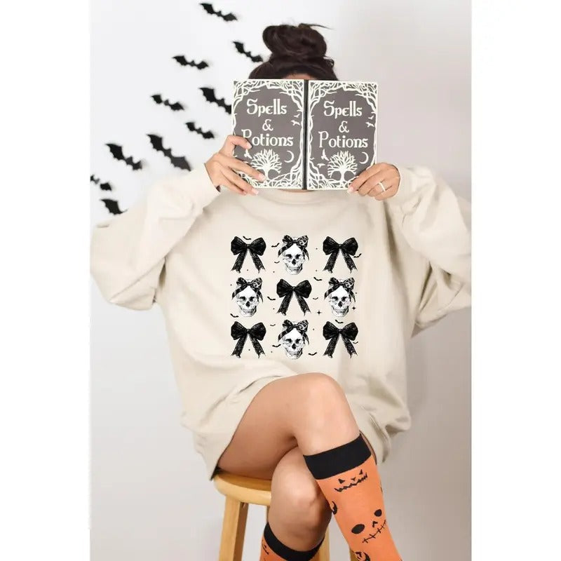Halloween Skull Black Bow Sweatshirt, Retro Halloween Shirt, Halloween Women's Sweatshirt, Halloween Costume, Fall Sweater, Spooky Season