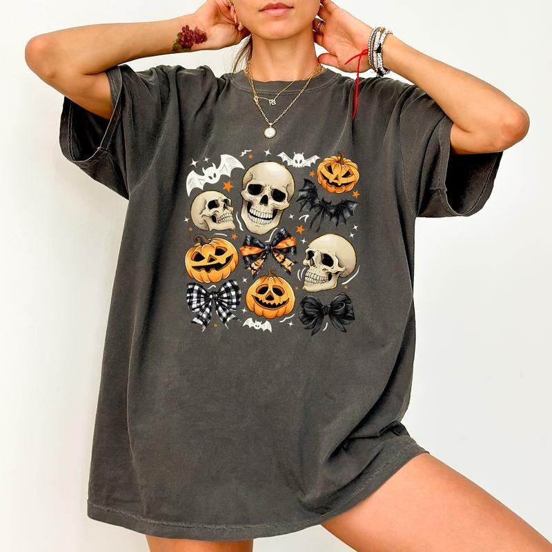 Halloween Skull Bow Shirt Comfort Colors, Coquette Skeleton Short Sleeves Pullover, Halloween Free Style Shirt, Bow Tee, Halloween Vibes Gifts