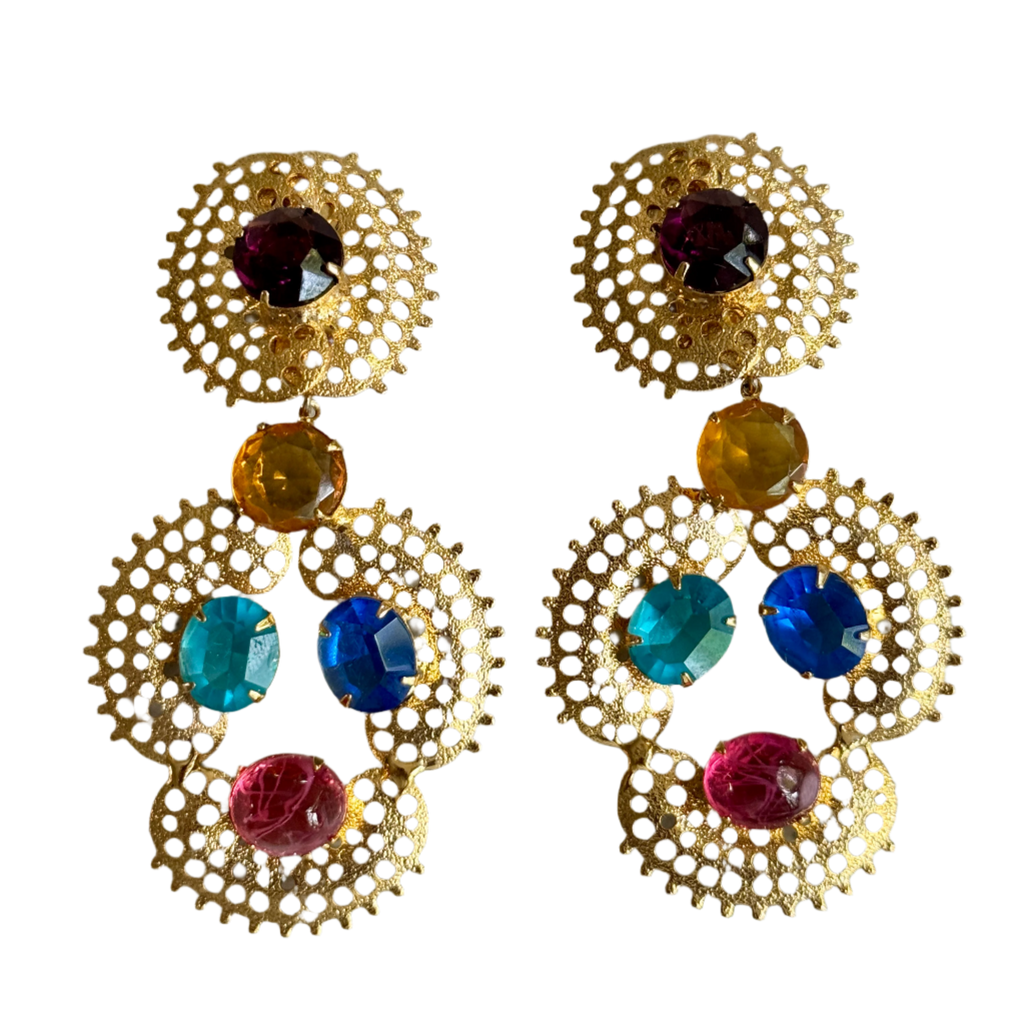 80s Jeweled Gold Filagree Statement Earrings