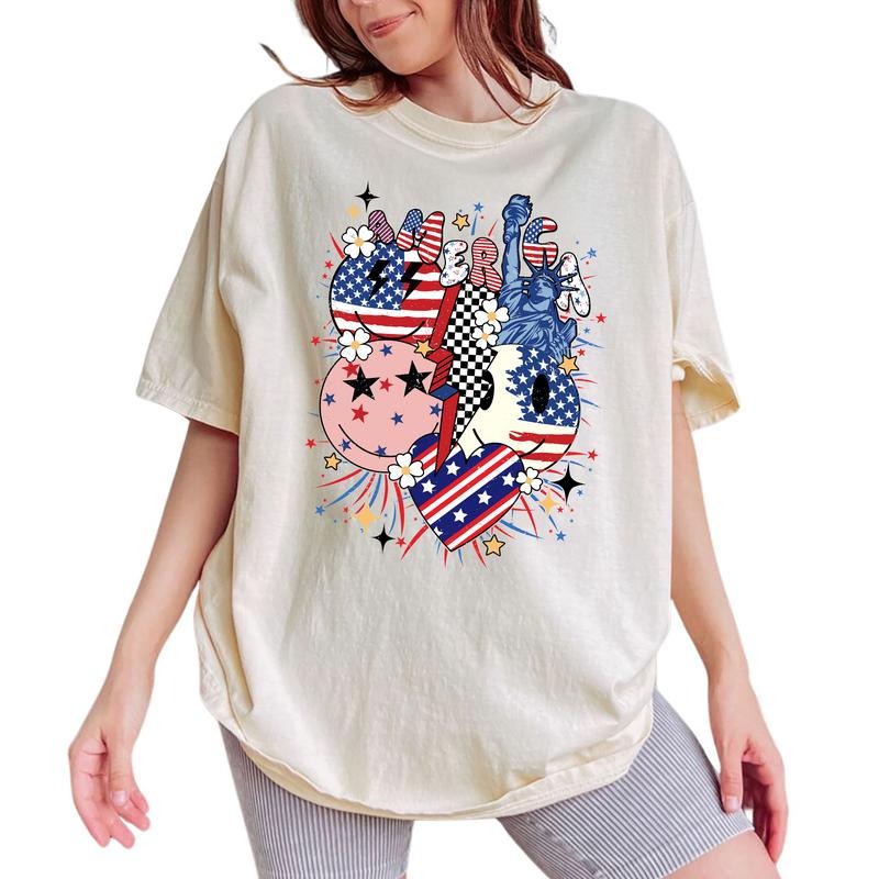 July 4th Graphic Design Tee, Retro American July Tee Women, Patriotic Unhinged Shirt, Vintage USA Flag T-shirt, Comfy Oversized Graphic Tee, Gift For Independent Day Lover, Tops For Women, Womenswear Cotton Fabric Relaxed Chic Style