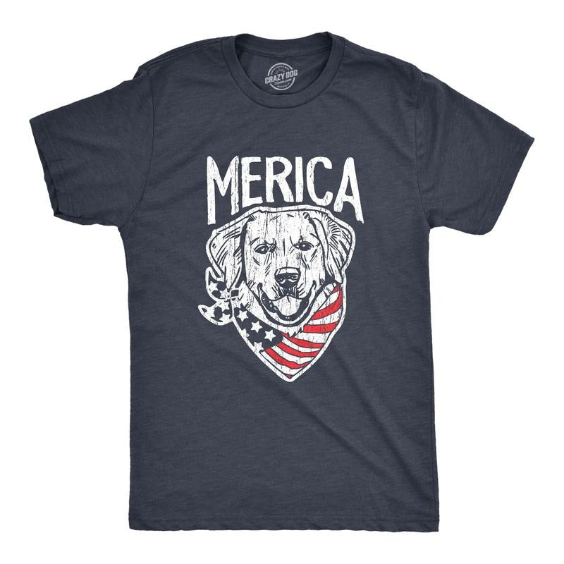 Mens Merica Dog T Shirt Funny USA Flag Bandana Pet Puppy Lover Tee Mens Funny T Shirts Cool Tees Soft Stylish Casual Menswear Patriotic Apparel for Men Funny Dog Short Sleeve Novelty Tees for Guys Navy