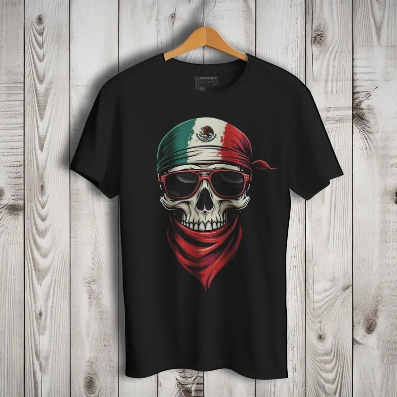 Mexican Flag Skull Short Sleeve T-Shirt- Playera De Mexico Con Calavera Crewneck Casual