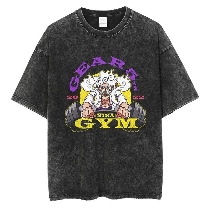 [ Mineral Wash ] Gear 5 Gym Vintage Tee Anime Fan Lovers Streetwear & Washed Gym Style Shirt
