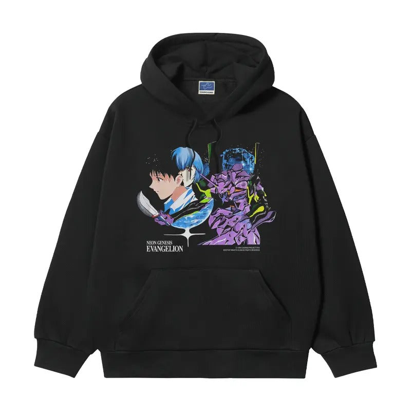 Neon Genesis Evangelion "For This World" Heavyweight Vintage Hoodie Cotton Blend Classic Anime Sweatshirt Menswear Tops Pullover Long Sleeve Casual Wetsuit Black Biker Crewneck Operator