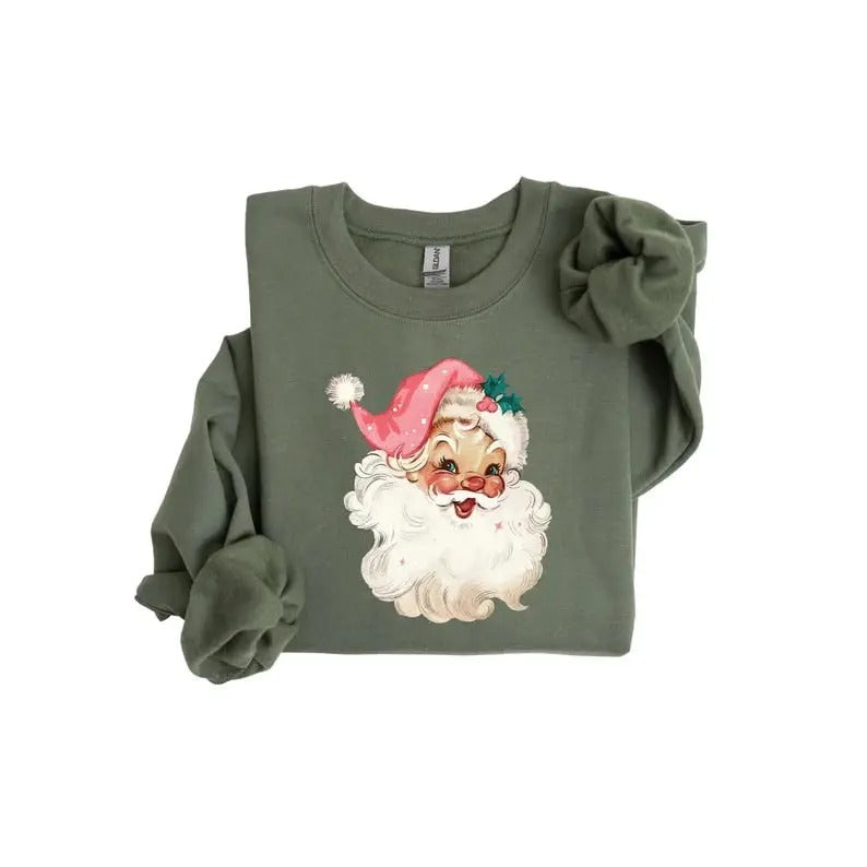 Pink Santa Sweatshirt, Christmas Sweatshirt, Xmas Holiday Gifts, Christmas family Shirt, Retro Christmas Santa, Holiday Clothing Women
