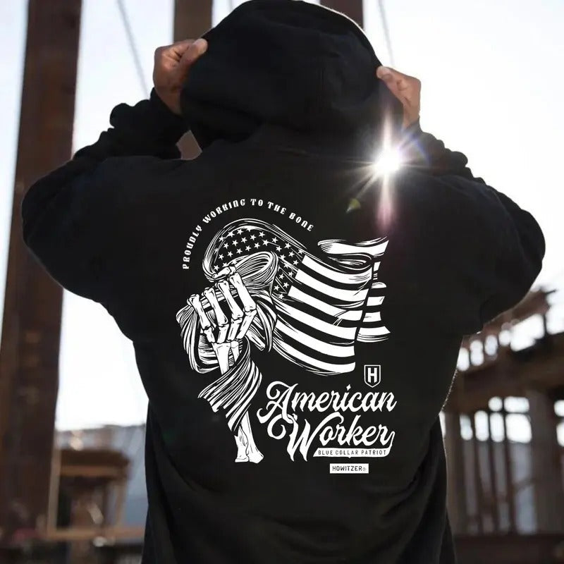 Proudly Working To The Bone Back Side Printed T-shirt - Crewneck Sweatshirt - Hoodie, American Worker Blue Colar Patriot Howitzer Streetwear, Workwear