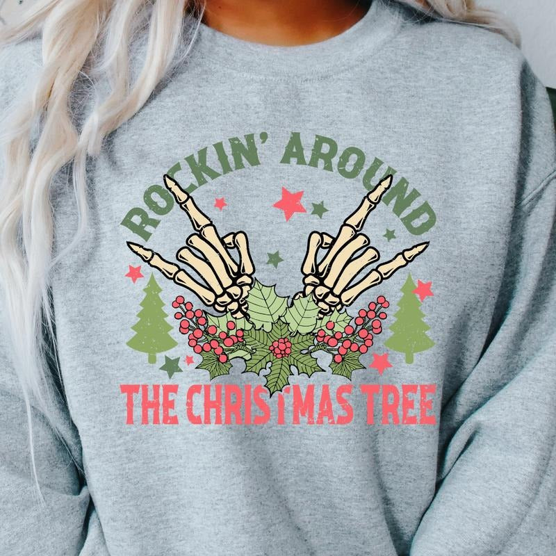 SKELETON HANDS ROCKING AROUND CREWNECK (Crewneck Sweatshirt, Unisex Fit, Causal Sweatshirt for Christmas, Christmas Holiday Sweatshirt) Casual Womenswear Everyday Hoodie