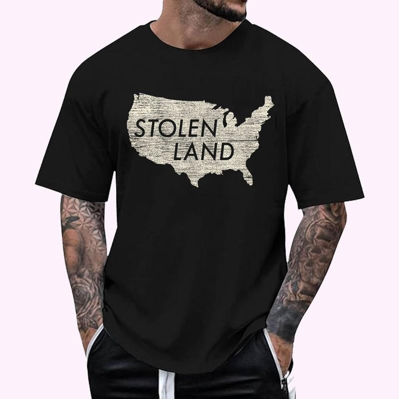 Stolen Land Native American Indigenous T-Shirt - Men's Regular Fit Letter Graphic Round Neck Tee, Casual Short Sleeve, Crew Neck Shirt for Summer, Fashion Men's Top for daily Wear, Graphic Tees