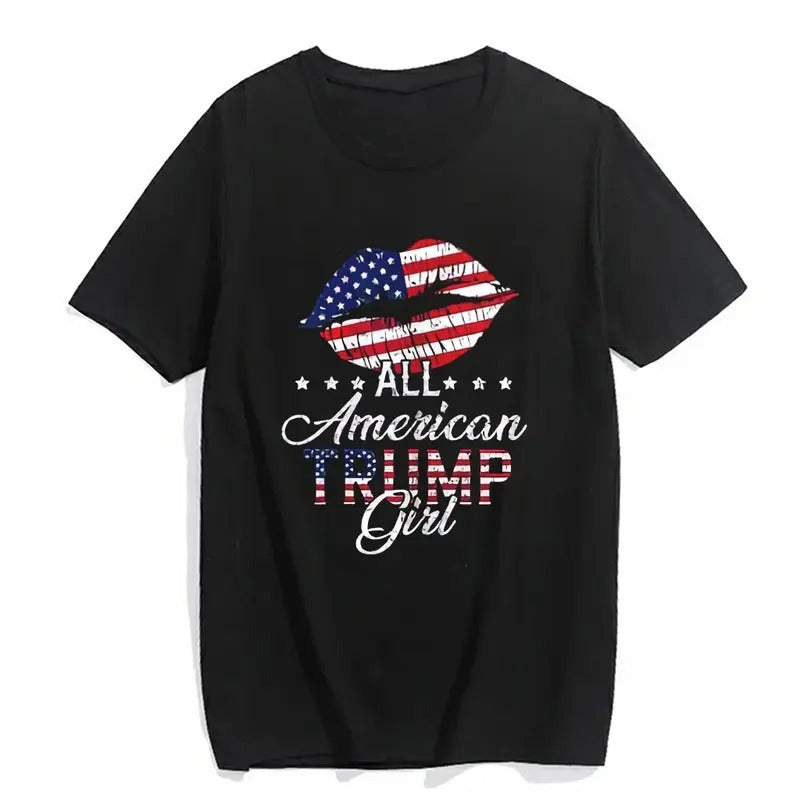 T-Shirt for Women All American Trump Girl USA Flag Lips GOP Vote 2024 Short Sleeve O-neck Top Black Large Graphic Tee Tops Underwear Crewneck Menswear