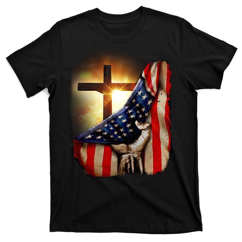 Teeshirtpalace American Christian Cross Patriotic Flag T-Shirt Cotton Menswear Medium Size Vibrant DTG Print Comfortable Soft 100% Cotton Tee