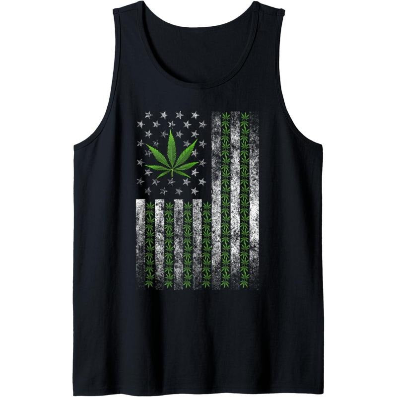 USA Flag Marijuana Weed Leaf Flag Cannabis Stoner 420 Men Tank Top
