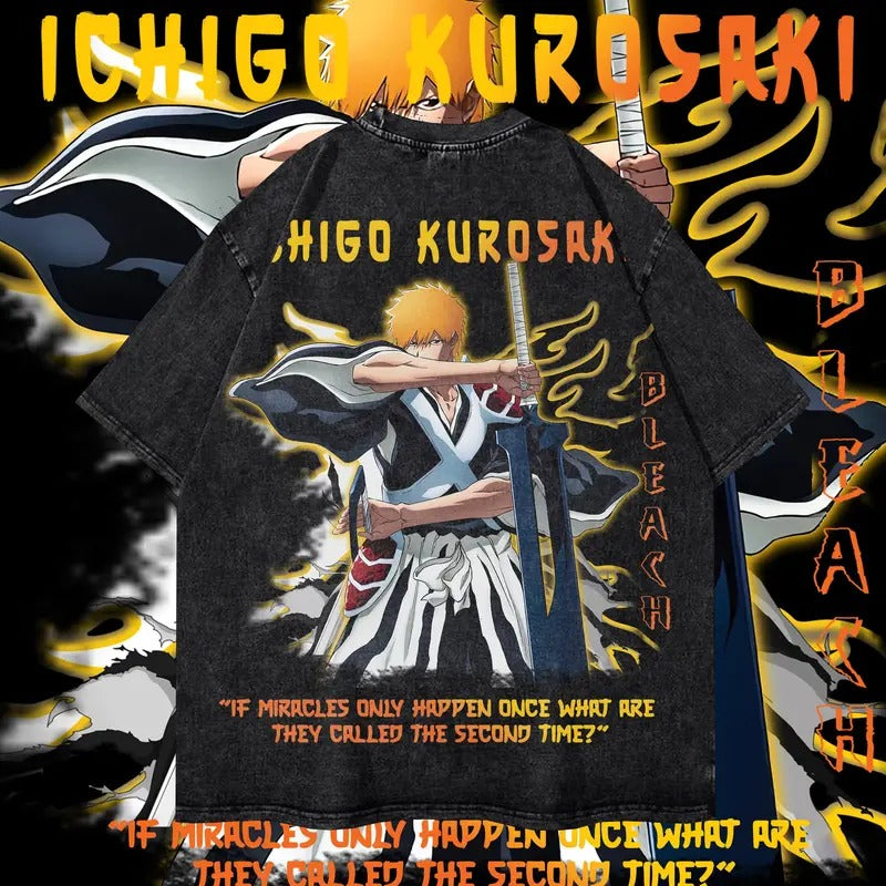Vintage Ichigo Washed Oversized Tee, Bleach Anime Manga Washed Heavy Cotton Special Graphic T-shirt Gift For Anime Fan
