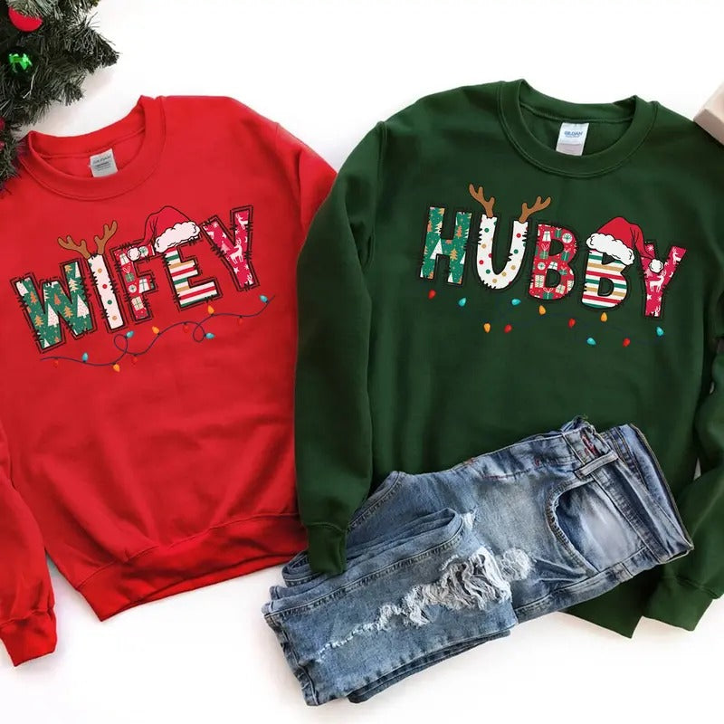 Wifey Hubby Christmas Sweatshirt, Matching Christmas Sweatshirt, Christmas Family Sweater, Christmas Gift, Christmas Couple Shirt Casual Comfort