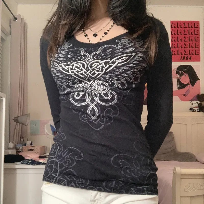 Women Y2k Graphic Print Shirt 2000s Aesthetic Round Neck Long SleeveFitted Vintage Crop Top Retro T-Shirt Streetwear