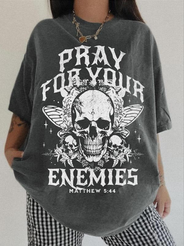 Women's Skull & Letter Print Round Neck Tee, Fashion Casual Crew Neck T-shirt for Daily Holiday Vacation Outdoor Wear, Ladies Clothes for Summer