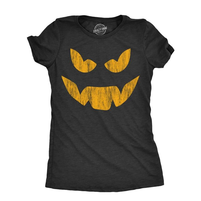 Womens Evil Eddie Pumpkin T Shirt Funny Halloween Jack O Lantern Dark Smile Tee For Ladies Funny Womens T Shirts Cute Slimming Top Comfortable Soft Womenswear Halloween Tops for Women Women's Novelty Black - XL